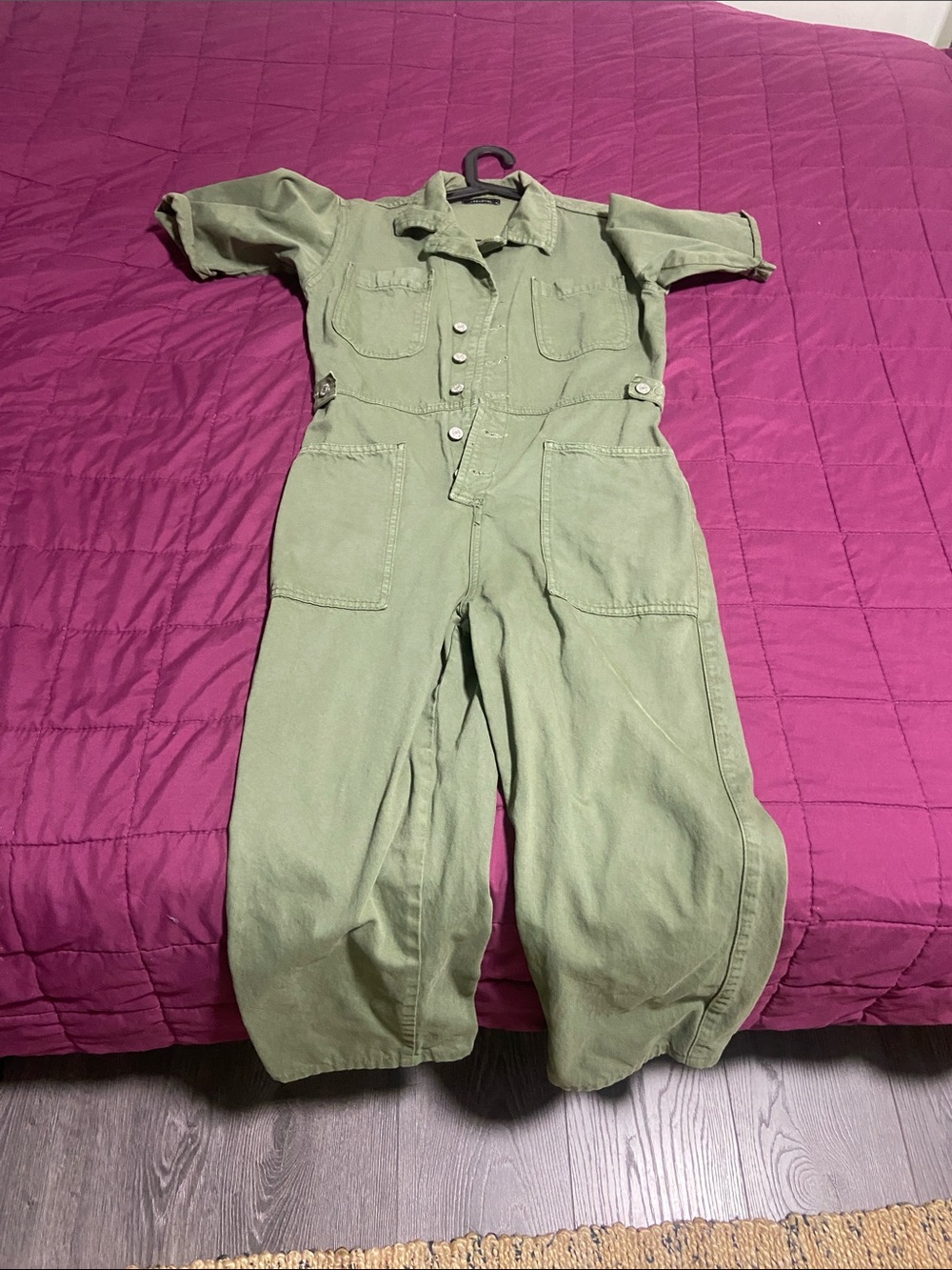 Green Short-Sleeve Denim Jumpsuite